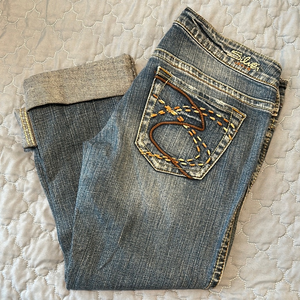 Silver Jeans Blue Capri Denim with Signature Embroidery